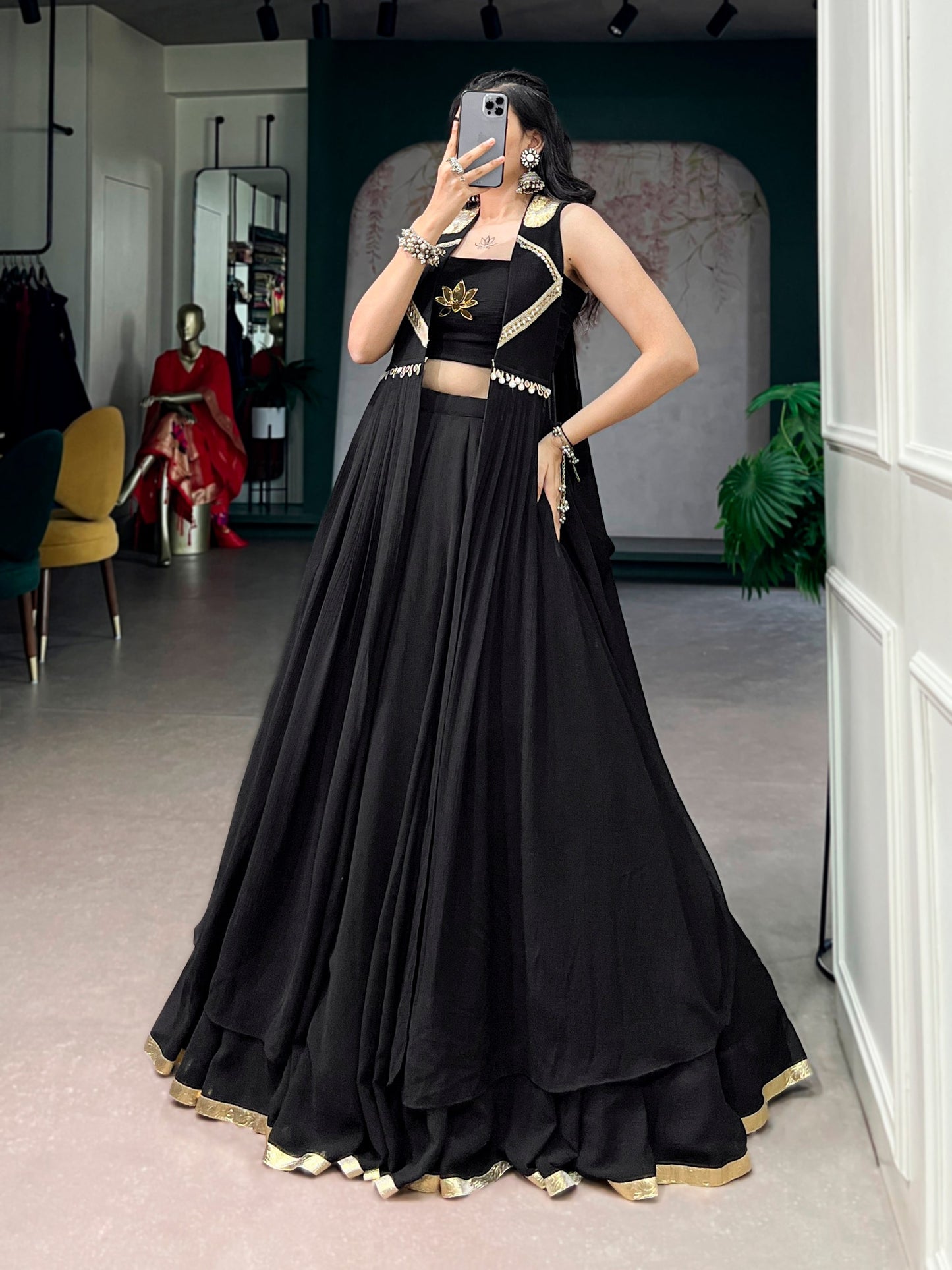 Black 6 meter Flared Lehenga Choli With Embroidery Blouse