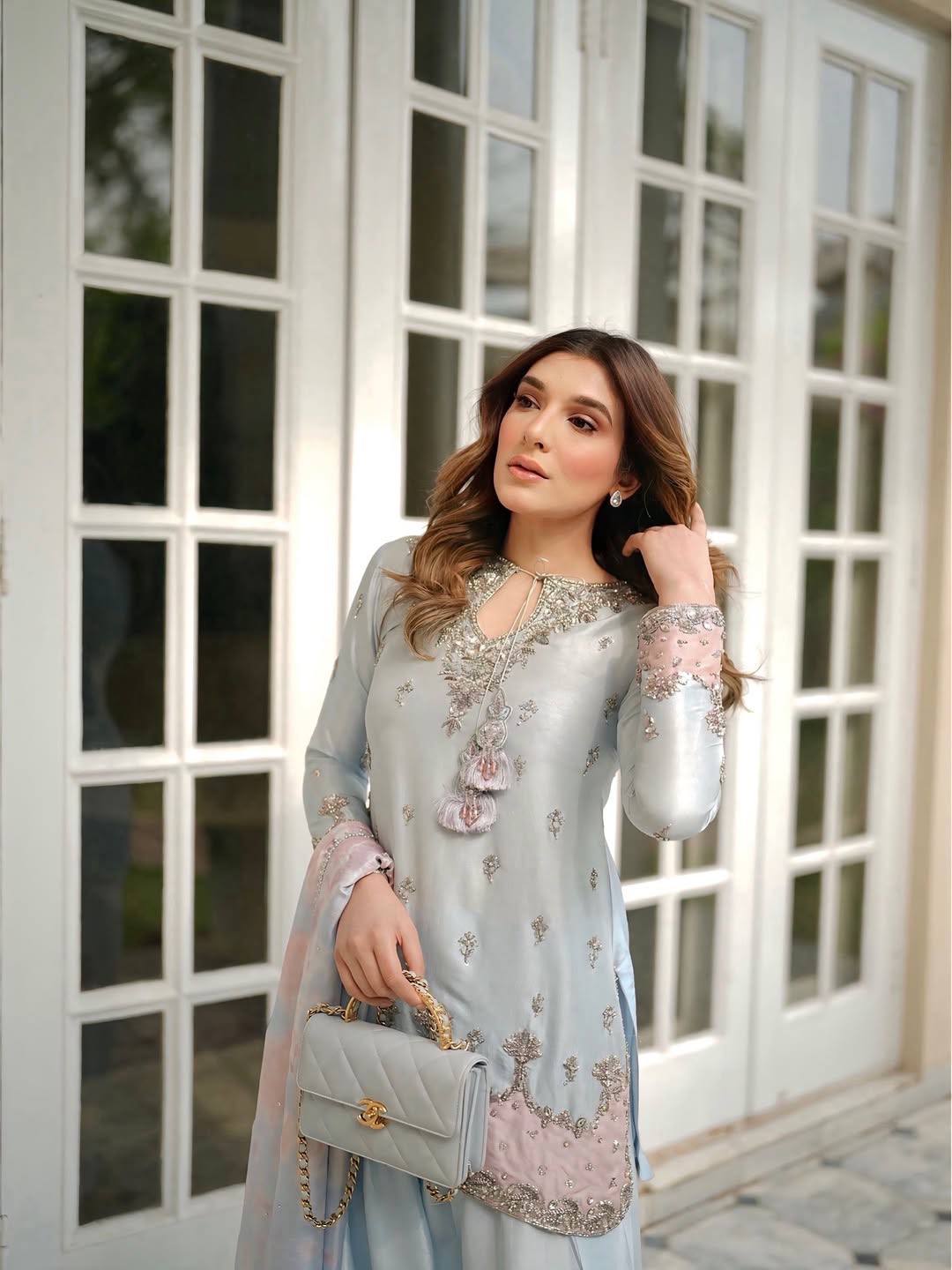 Embroidered Farshi Salwar Suit With Tassel Neckline And Dupatta