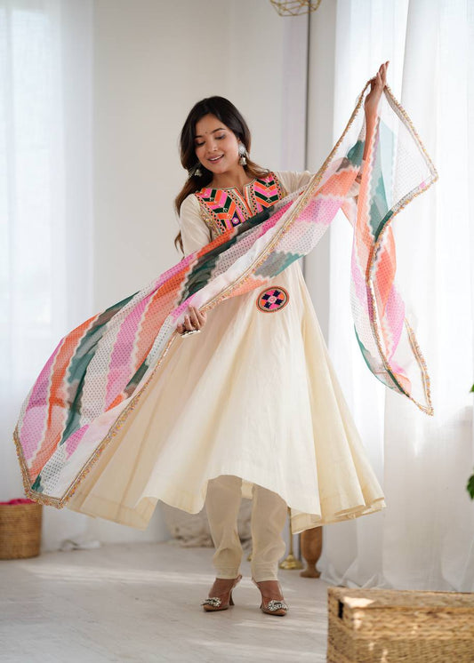 CREAM ANARKALI SUIT WITH MULTICOLOR EMBROIDERED NECKLINE AND PRINTED DUPATTA