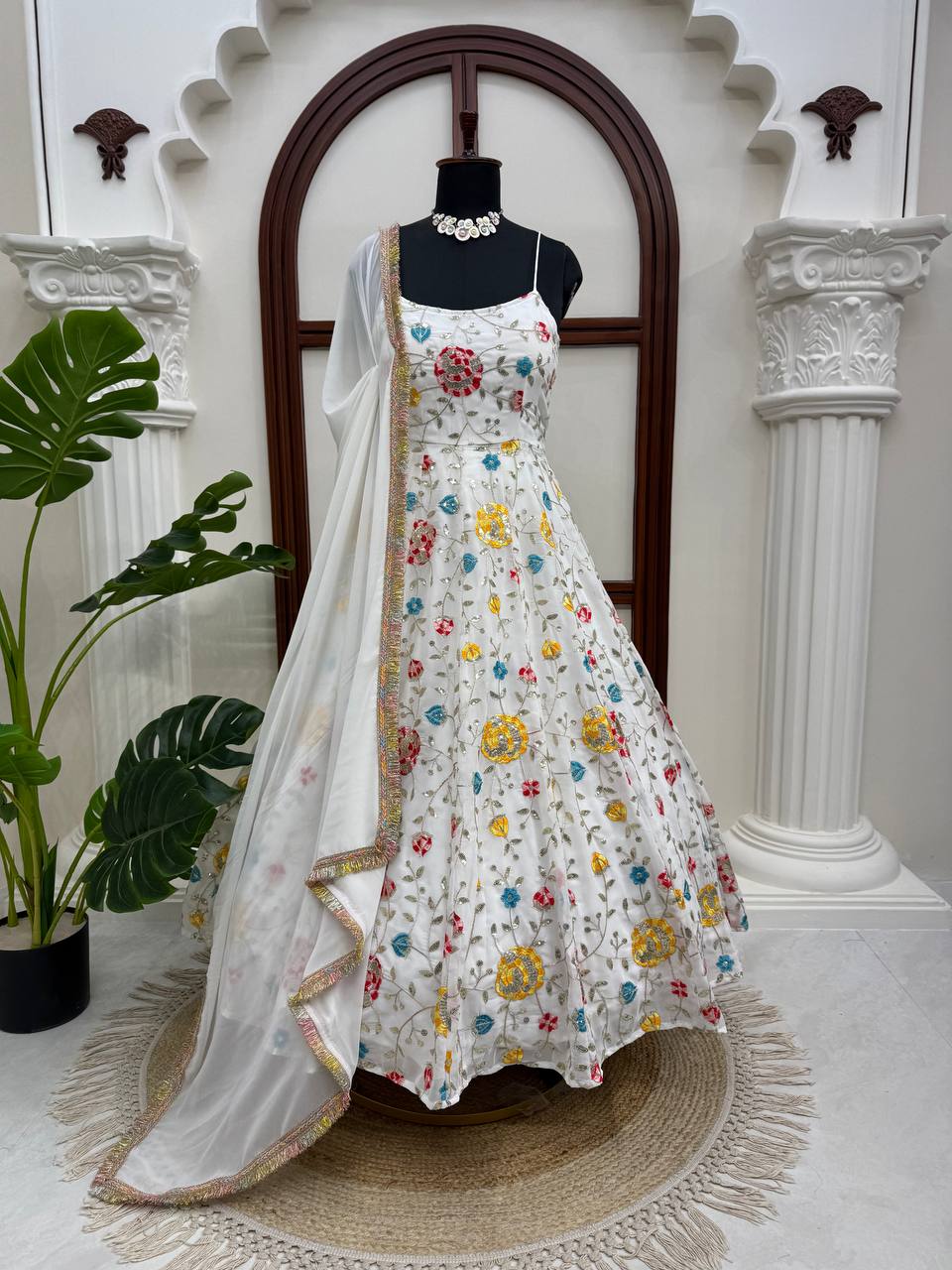 Off White Floral Embroidered Anarkali Gown With Spaghetti Straps And Dupatta