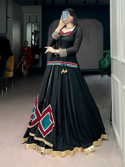 Black 7 Meter Flair Lehenga Set With Mirror Work Blouse