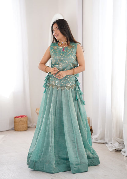 Zari Embroidered Sleeveless Top With Flared Lehenga Set