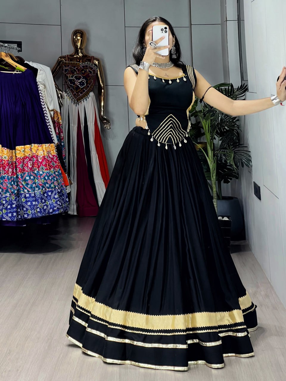 ELEGANT BLACK DESIGNER LEHENGA WITH GOLDEN GOTTA PATTI BORDER