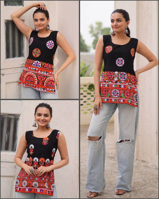 Black Sleeveless Gamthi Embroidered Top with Multicolor Mirror Work