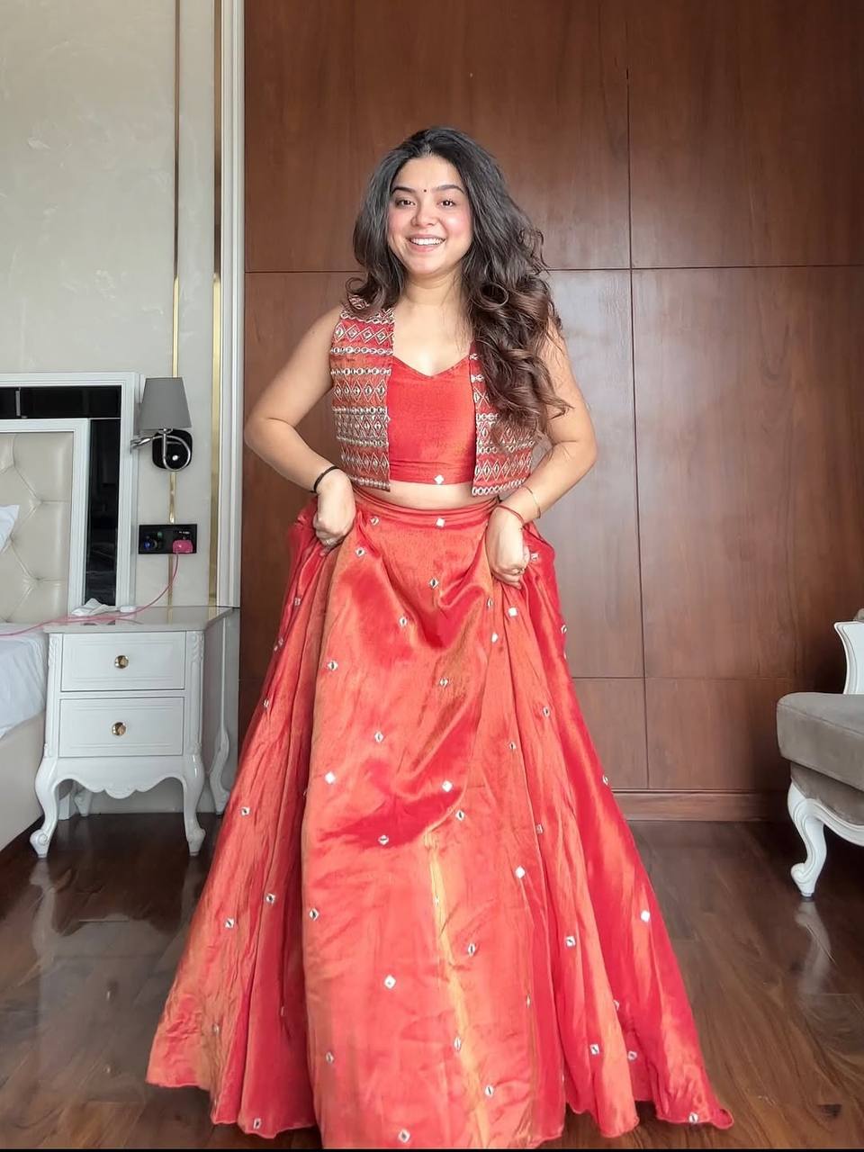 Mirror Work Silk Lehenga Set With Embroidered Jacket