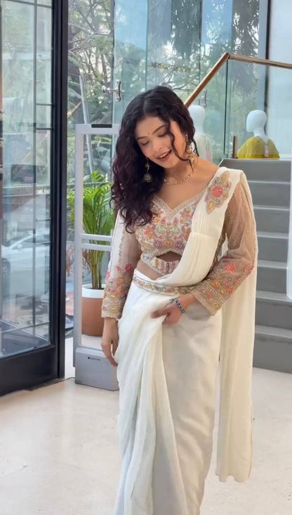 White Draped Ready-To-Wear Saree With Floral Embroidered Blouse