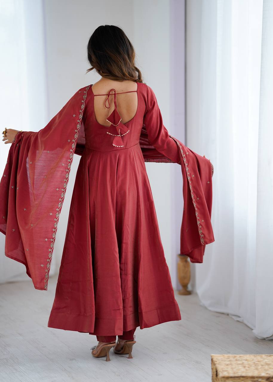 Designer Maroon Anarkali Suit With Embroidered Dupatta