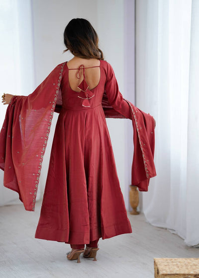 Designer Maroon Anarkali Suit With Embroidered Dupatta