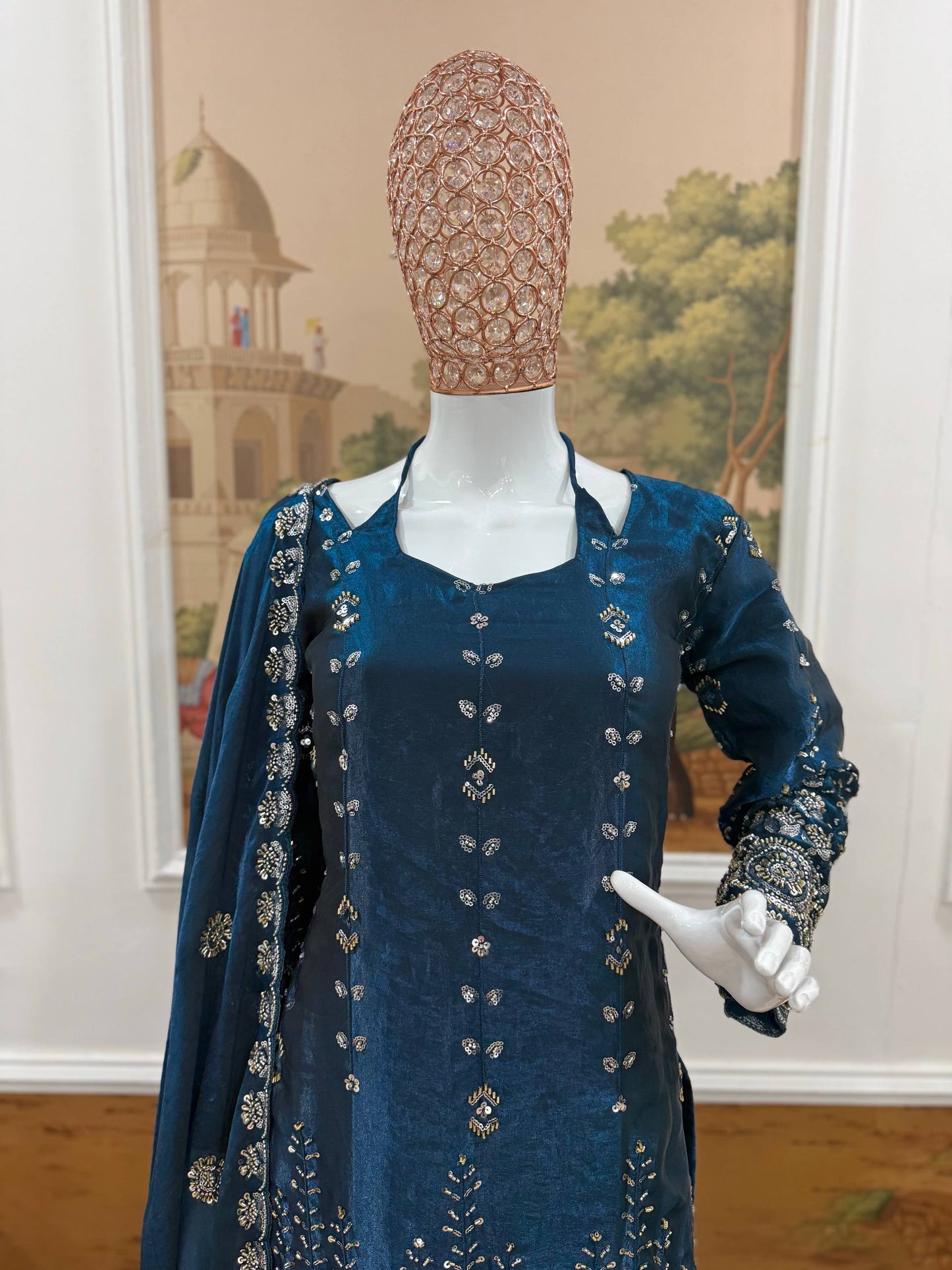 Teal Blue Heavy Embroidered Sharara Suit Set With Zari And Sequin Work Dupatta