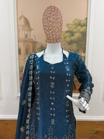 Teal Blue Heavy Embroidered Sharara Suit Set With Zari And Sequin Work Dupatta