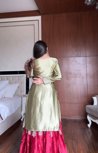 OLIVE GREEN EMBROIDERED KURTA WITH CONTRASTING RED SHARARA