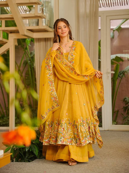 Yellow Embroidered Anarkali Suit With Floral Dupatta And Plazzo