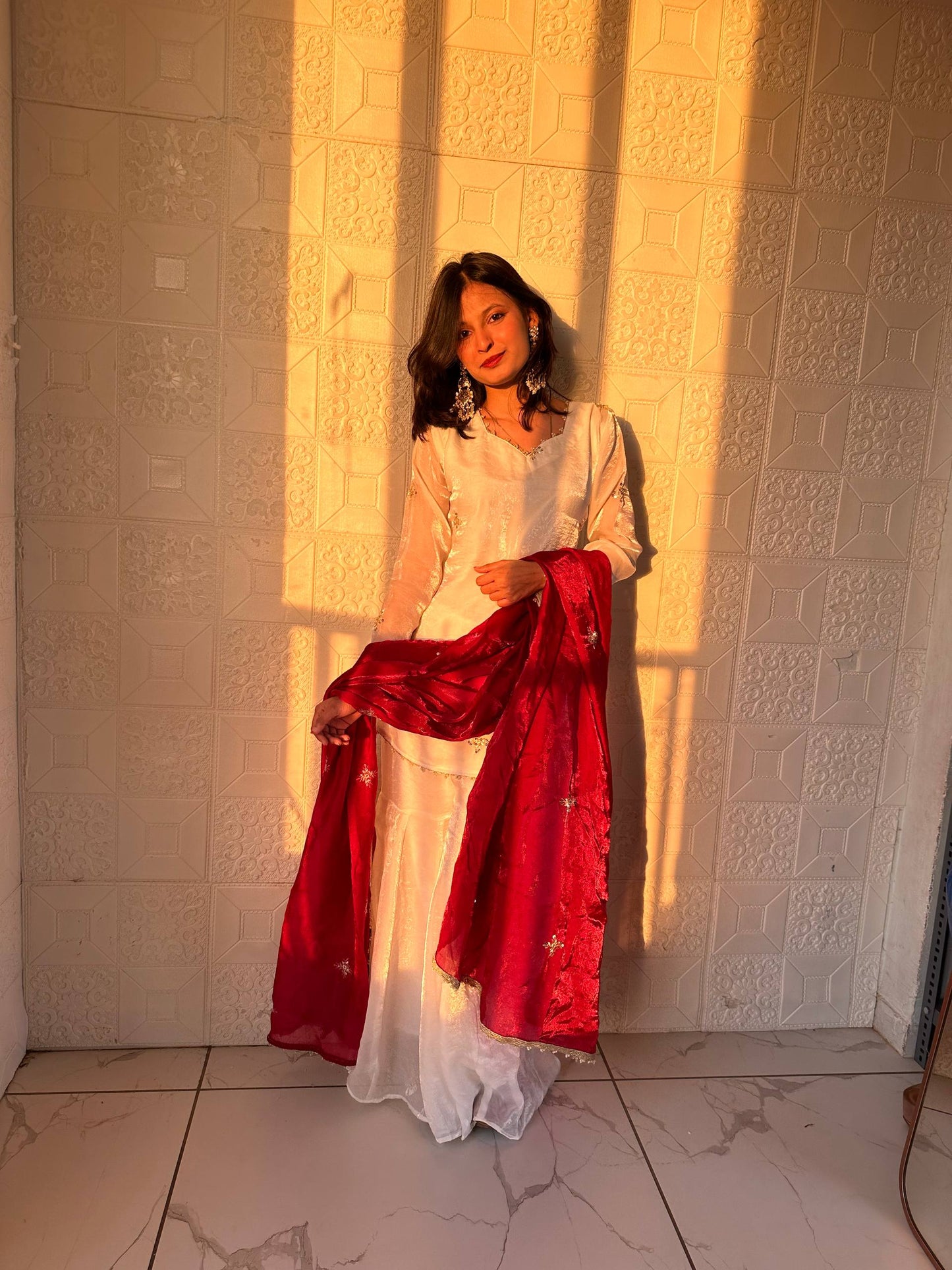Embroidered Sharara Set with Contrast Sequin Maroon Dupatta