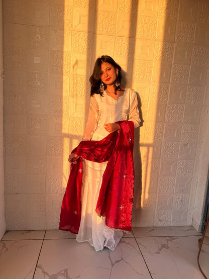 Embroidered Sharara Set with Contrast Sequin Maroon Dupatta