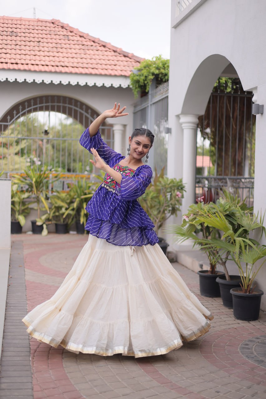 12 Meter Layered Flared Lehenga Choli With Kutchi Mirror Work And Leheriya Ruffle Top