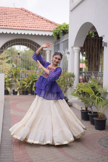 12 Meter Layered Flared Lehenga Choli With Kutchi Mirror Work And Leheriya Ruffle Top