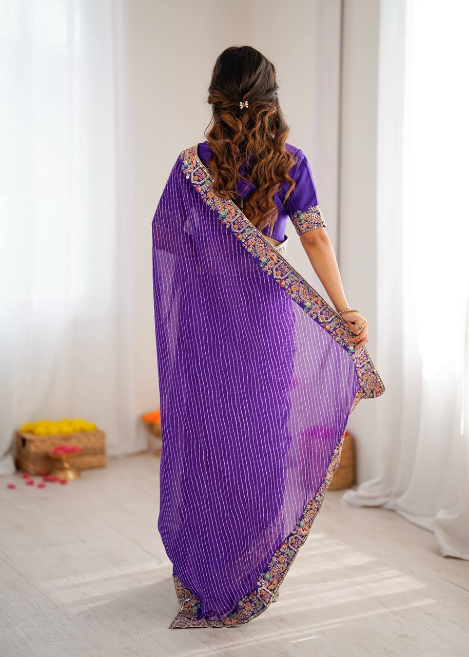 Purple Leheriya Saree with Multi-Colour Thread Embroidered Border And Blouse