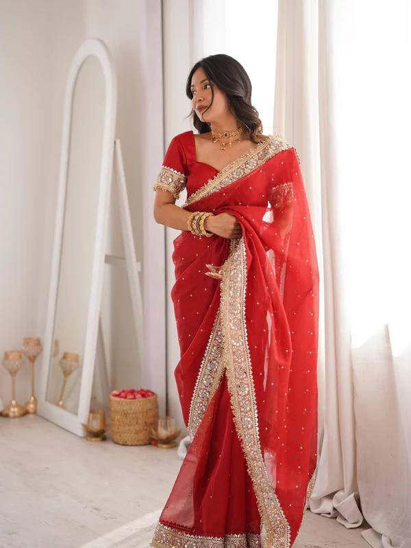 Red Fandy Satin Saree With Gold Embroidery And Mirror Work