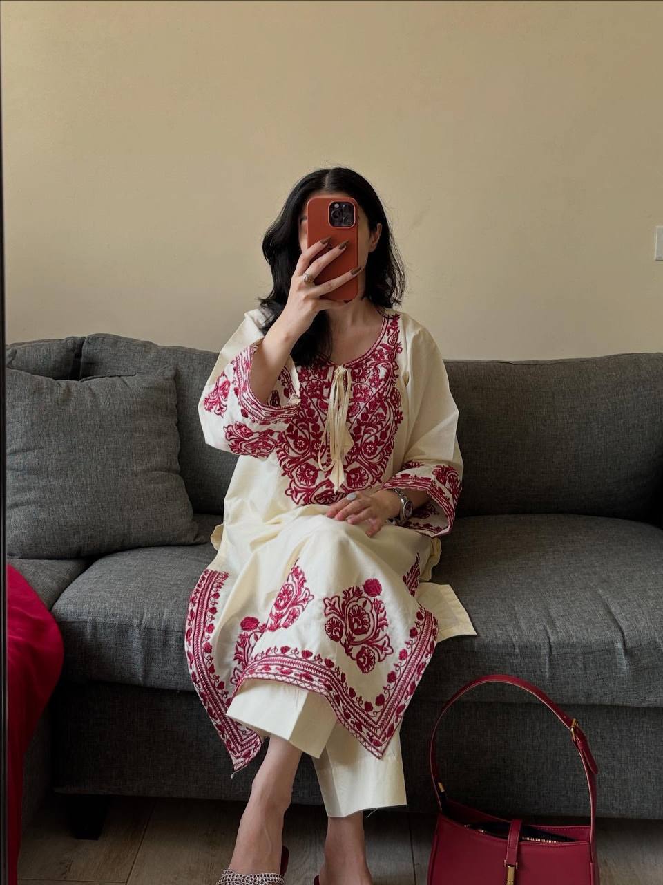 White And Maroon Embroidered Suit With Georgette Dupatta