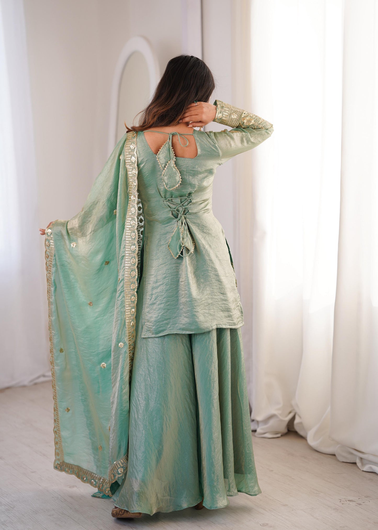 Heavy Gold Zari Embroidered Palazzo Suit Set With Dupatta