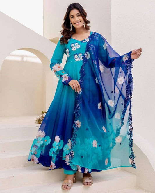 Teal Blue Floral Anarkali Suit With Organza Dupatta And Pant
