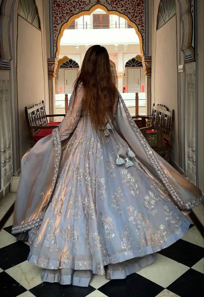 Elegant Grey Embroidery Anarkali Suit With Silver Sequined Dupatta
