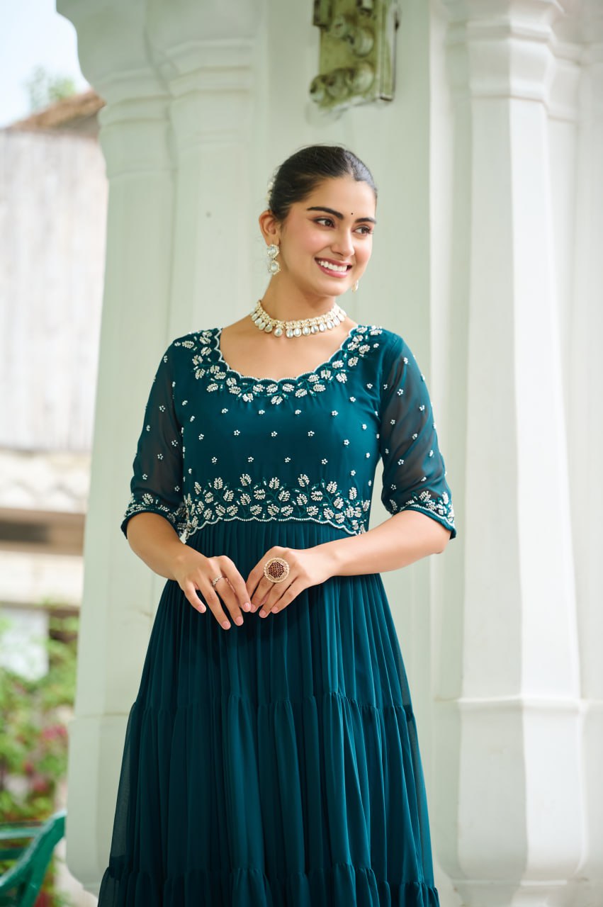 Embroidered Georgette Anarkali Gown Set With Sequins Work And Tiered Flair