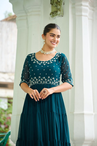 Embroidered Georgette Anarkali Gown Set With Sequins Work And Tiered Flair
