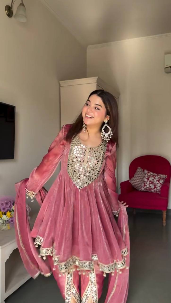 Rose Pink Mirror Work Short Anarkali Kurta With Dhoti Style Pants And Dupatta Set