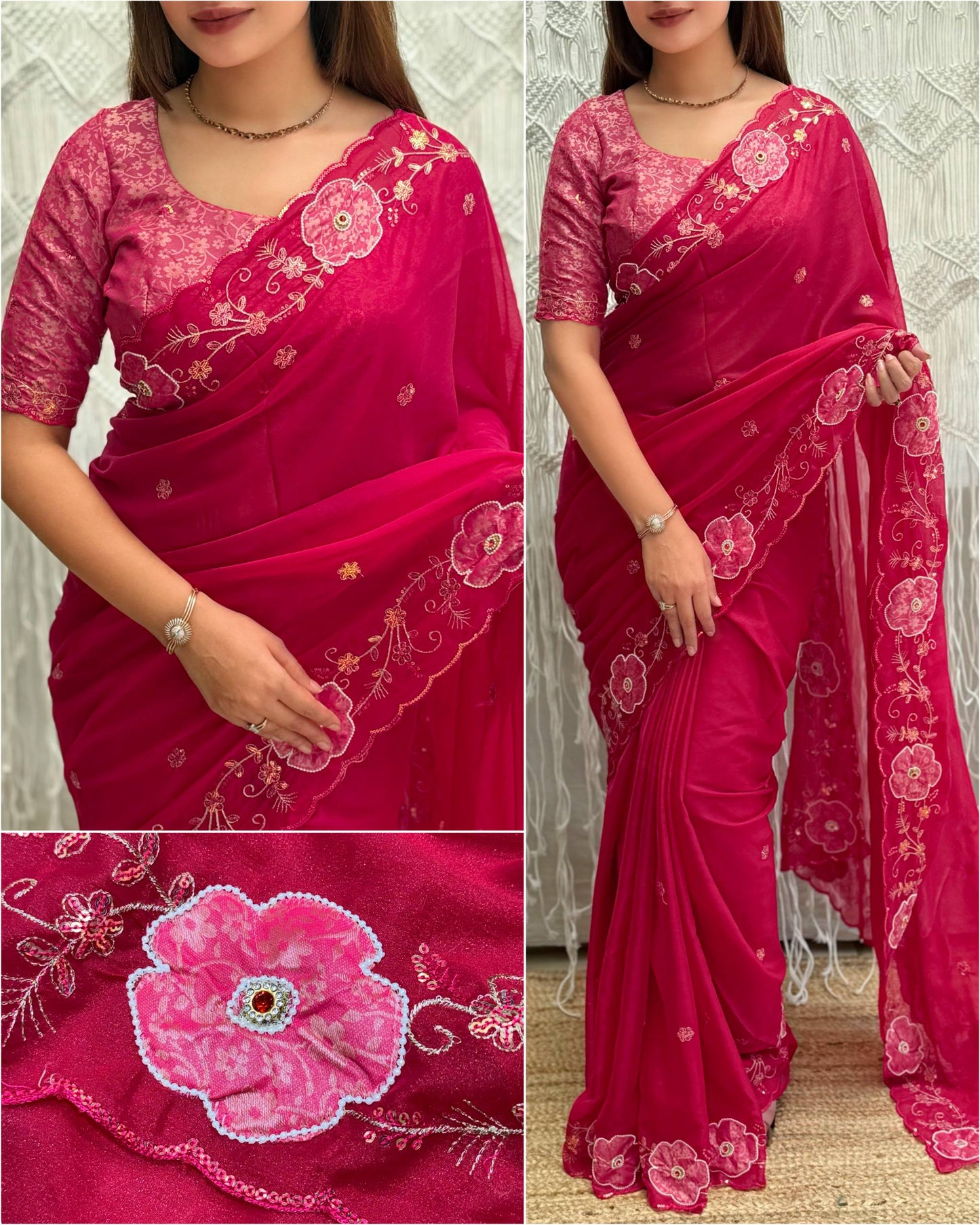 Designer Floral Border Saree With Brocade Un-Stitched Blouse