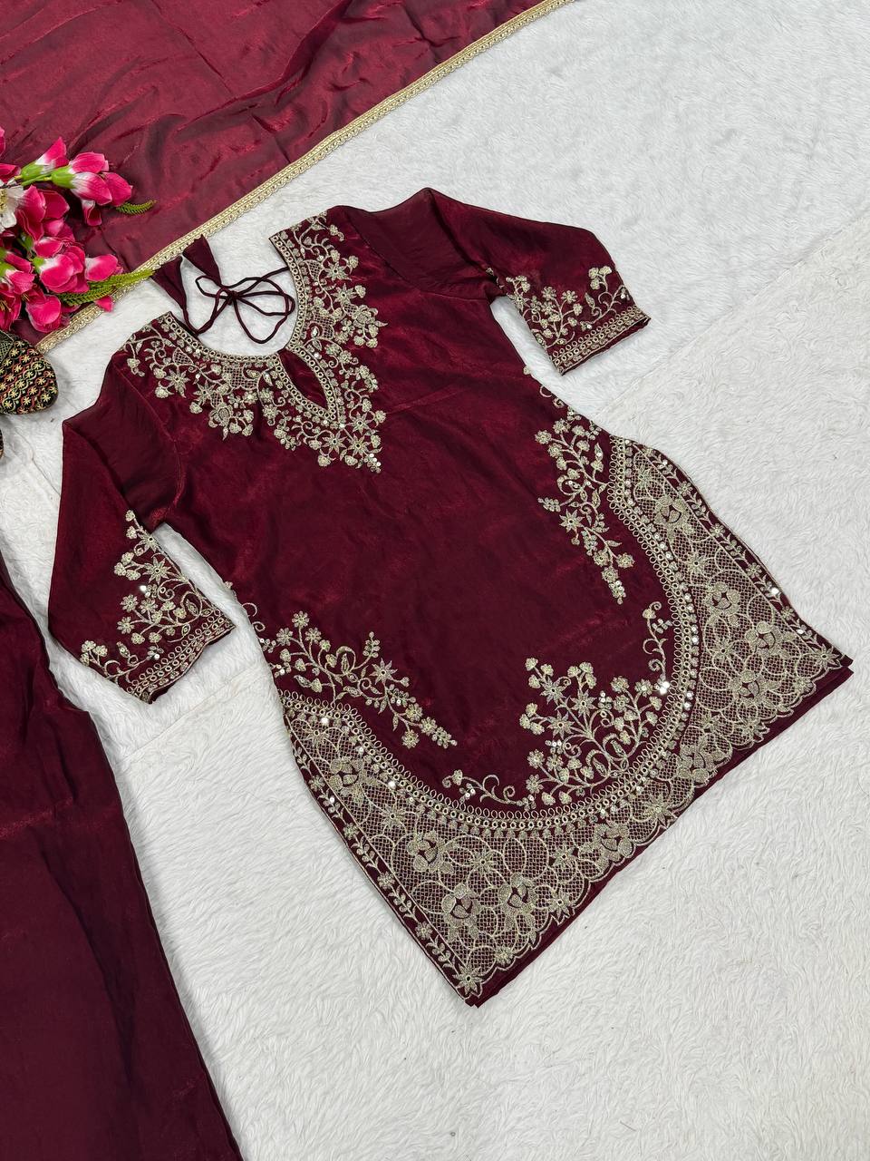 Wine Palazzo Suit With Silver Embroidery
