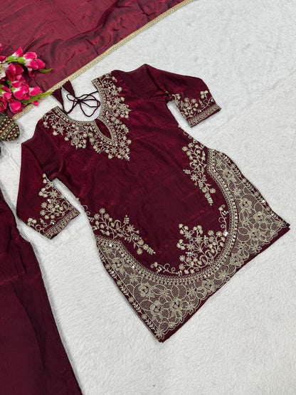 Wine Palazzo Suit With Silver Embroidery