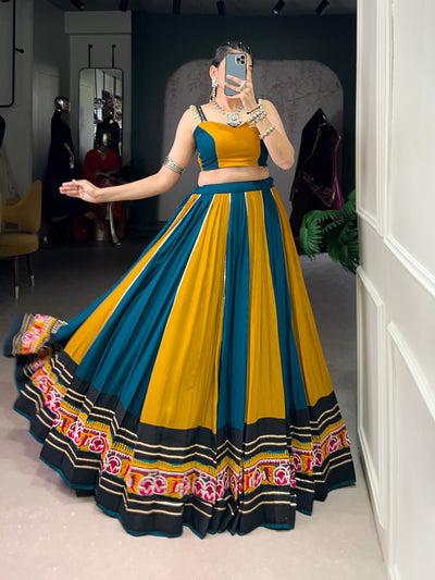 Mustard And Teal Contrast Lehenga Choli With Floral Embroidered Border