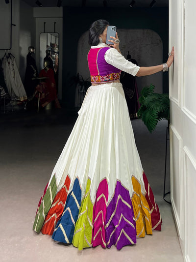 White Multicolor Panel Lehenga Choli With Embroidered Contrast Blouse