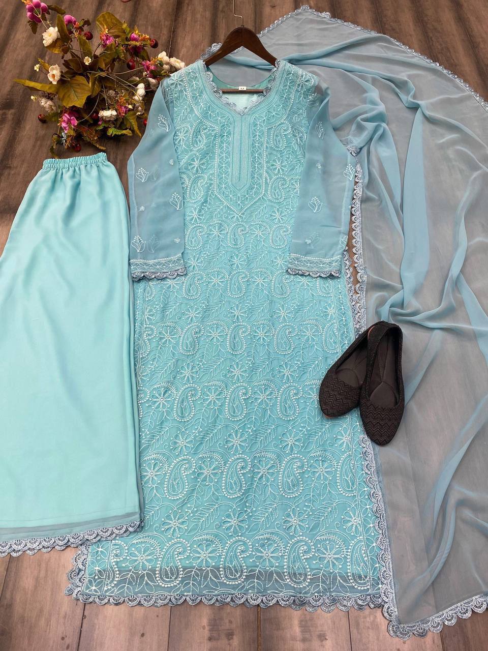 Teal Blue Chikankari Kurti With Lace Detail And Full Length Ethnic Wear