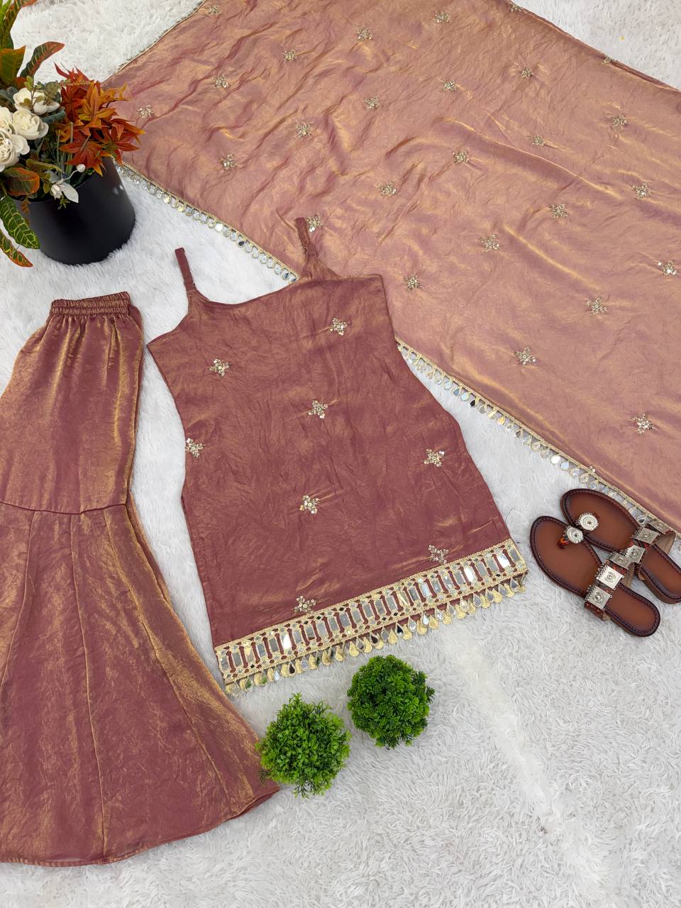 Dusty Pink Sharara Suit With Gold Embroidery And Real Mirror Work