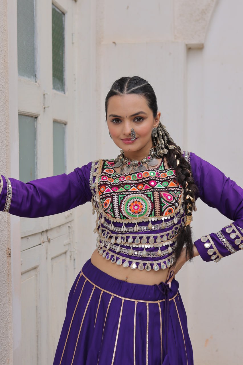 Designer Lehenga With Kutchi Gamthi Embroidered Blouse And Mirror Work