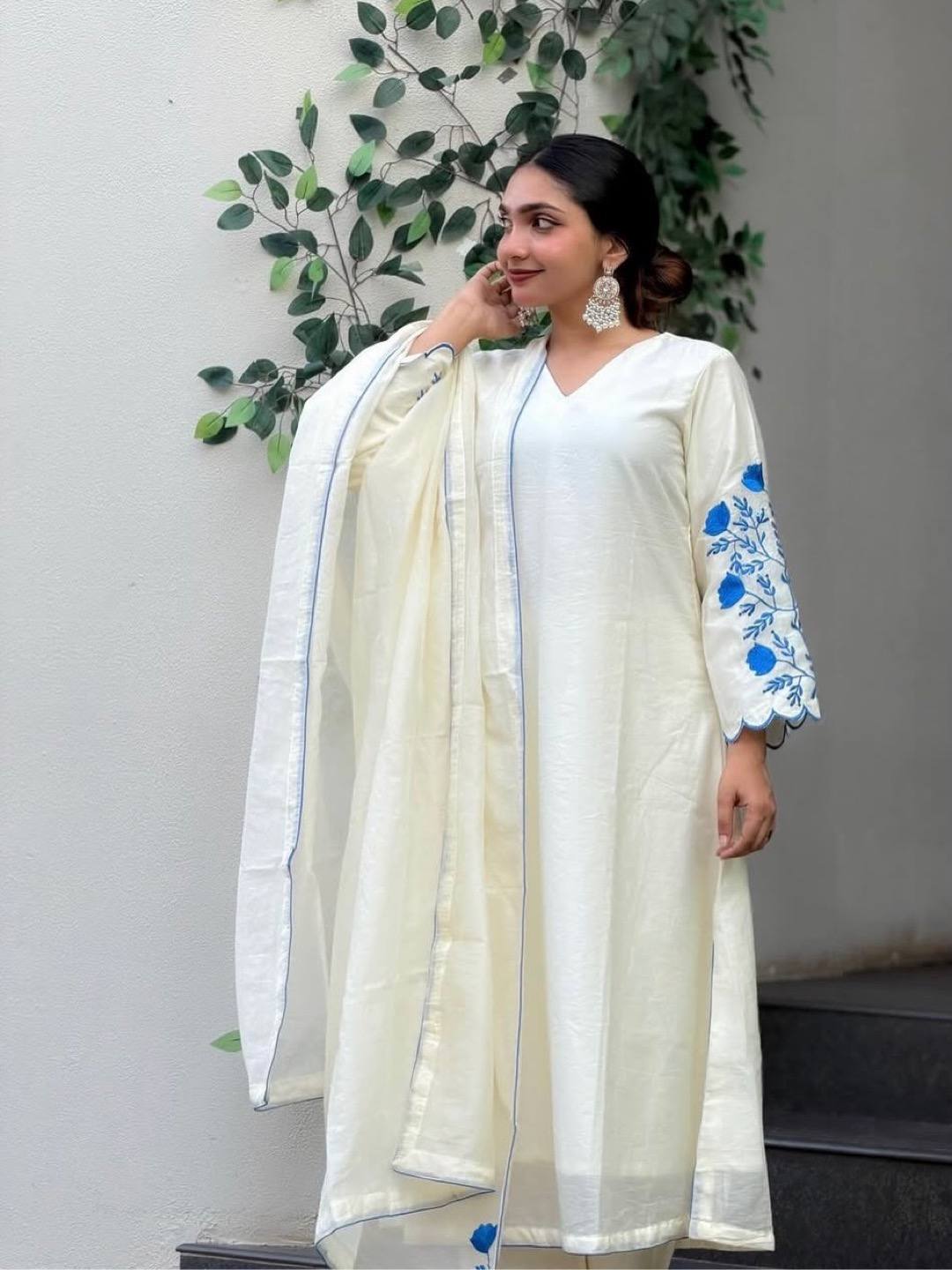 Elegant White Roman Silk Kurti With Blue Floral Embroidery On Sleeves And Matching Dupatta
