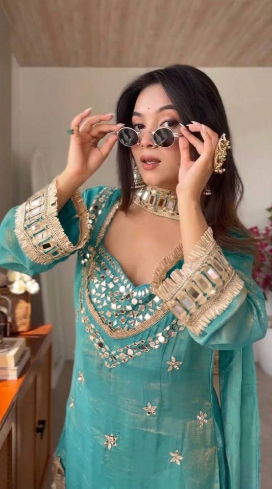 Teal Green Silk Sharara Suit With Real Mirror Work And Gold Lace Work