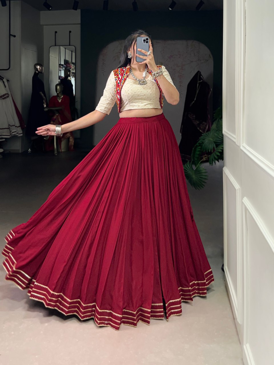ELEGANT MAROON PLEATED LEHENGA WITH CREAM BLOUSE AND MIRROR-WORK JACKET