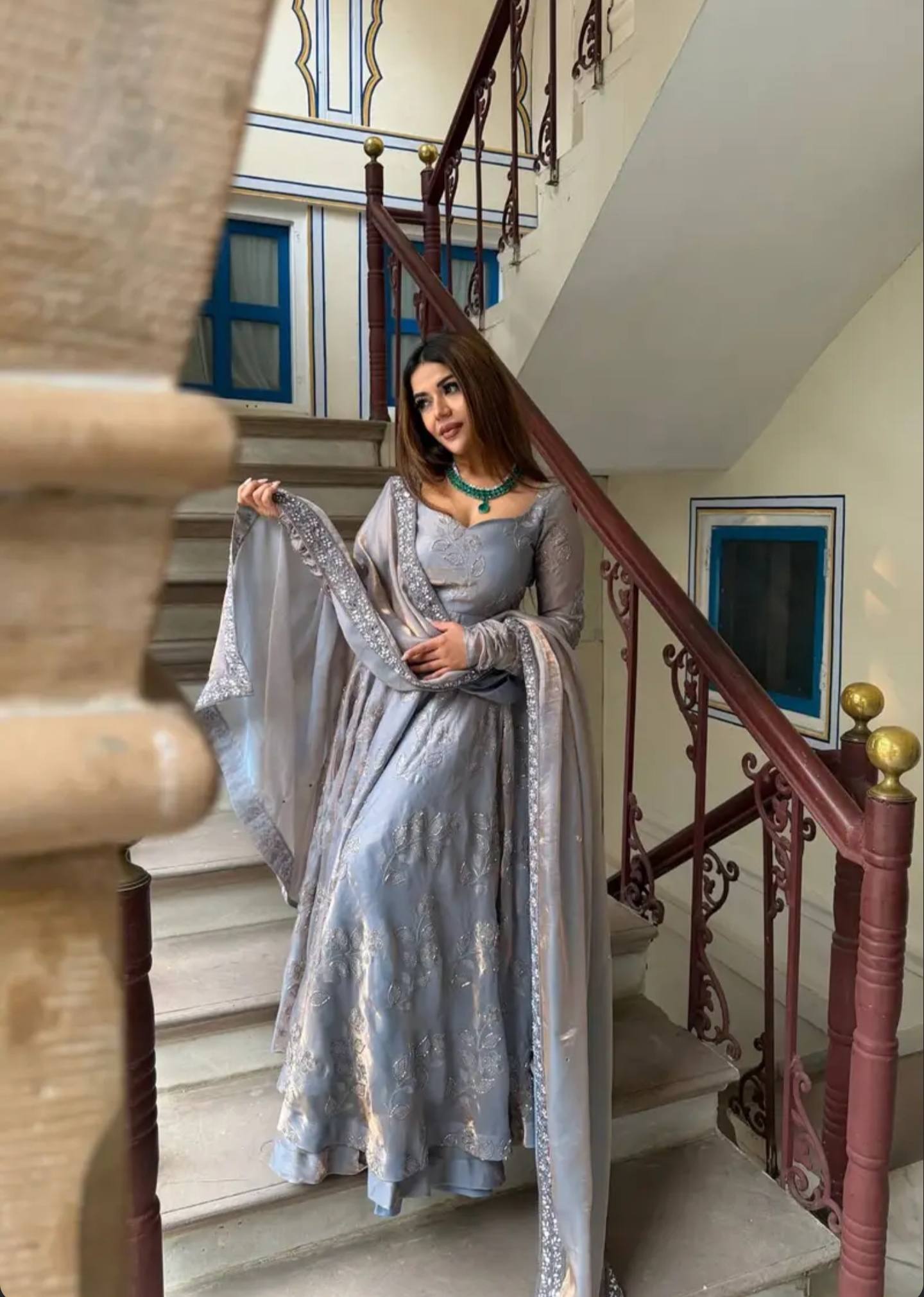 Elegant Grey Embroidery Anarkali Suit With Silver Sequined Dupatta