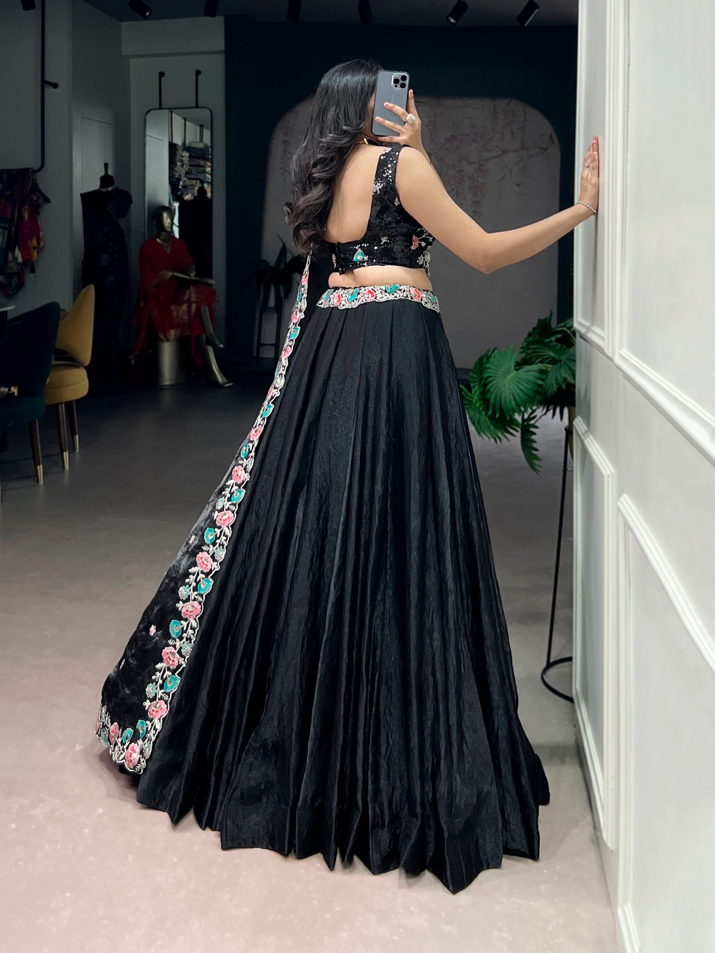 Black Embroidered Floral Lehenga Choli With Matching Dupatta