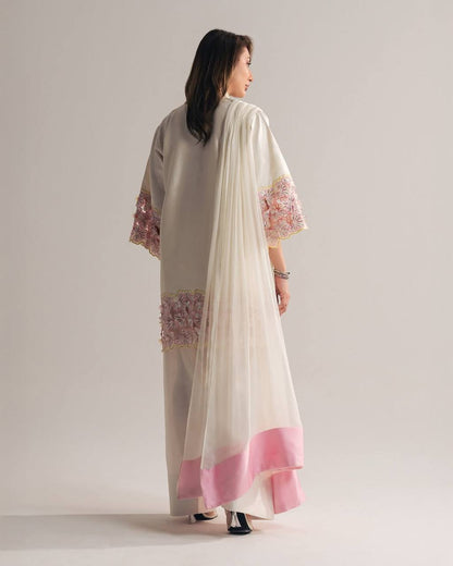 Elegant Off-White Silk Kurti With Pink Floral Embroidered Sleeves With White Salwar