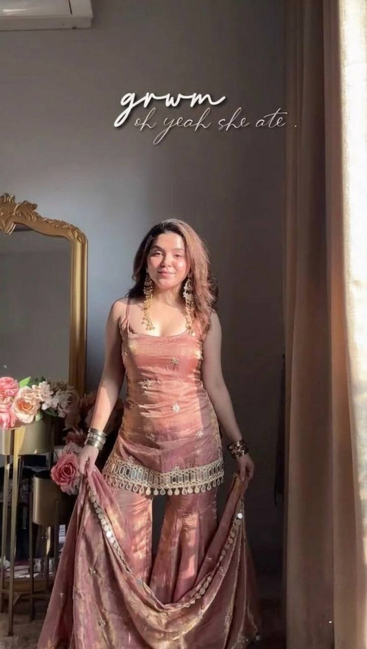 Dusty Pink Sharara Suit With Gold Embroidery And Real Mirror Work