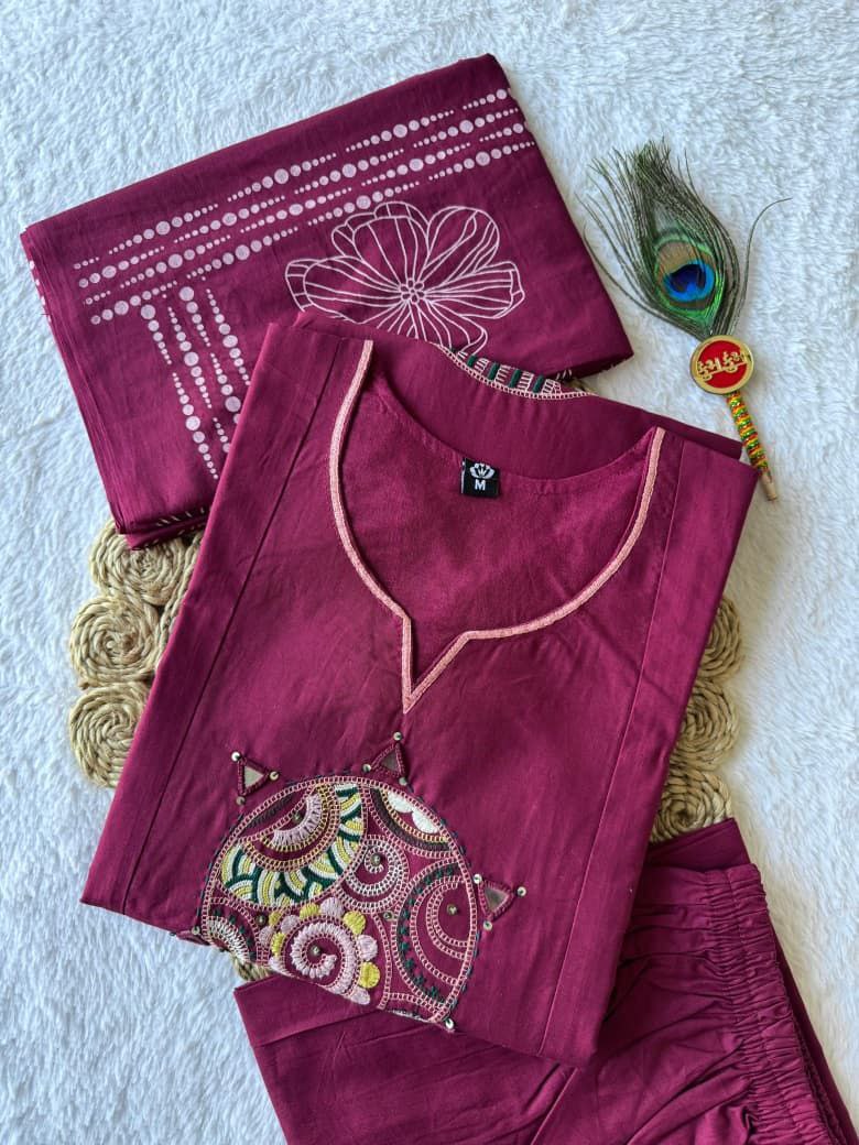 Cotton Kurti Set With Embroidery And Matching Printed Dupatta