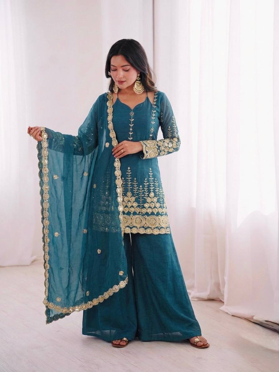 Teal Green Zari Embroidered Sharara Suit Set With Fendy Silk Dupatta