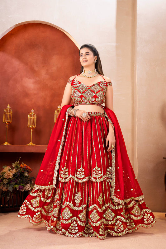 Bridal Red Zari And Sequins Embroidered Layered Lehenga Choli Set With Dupatta