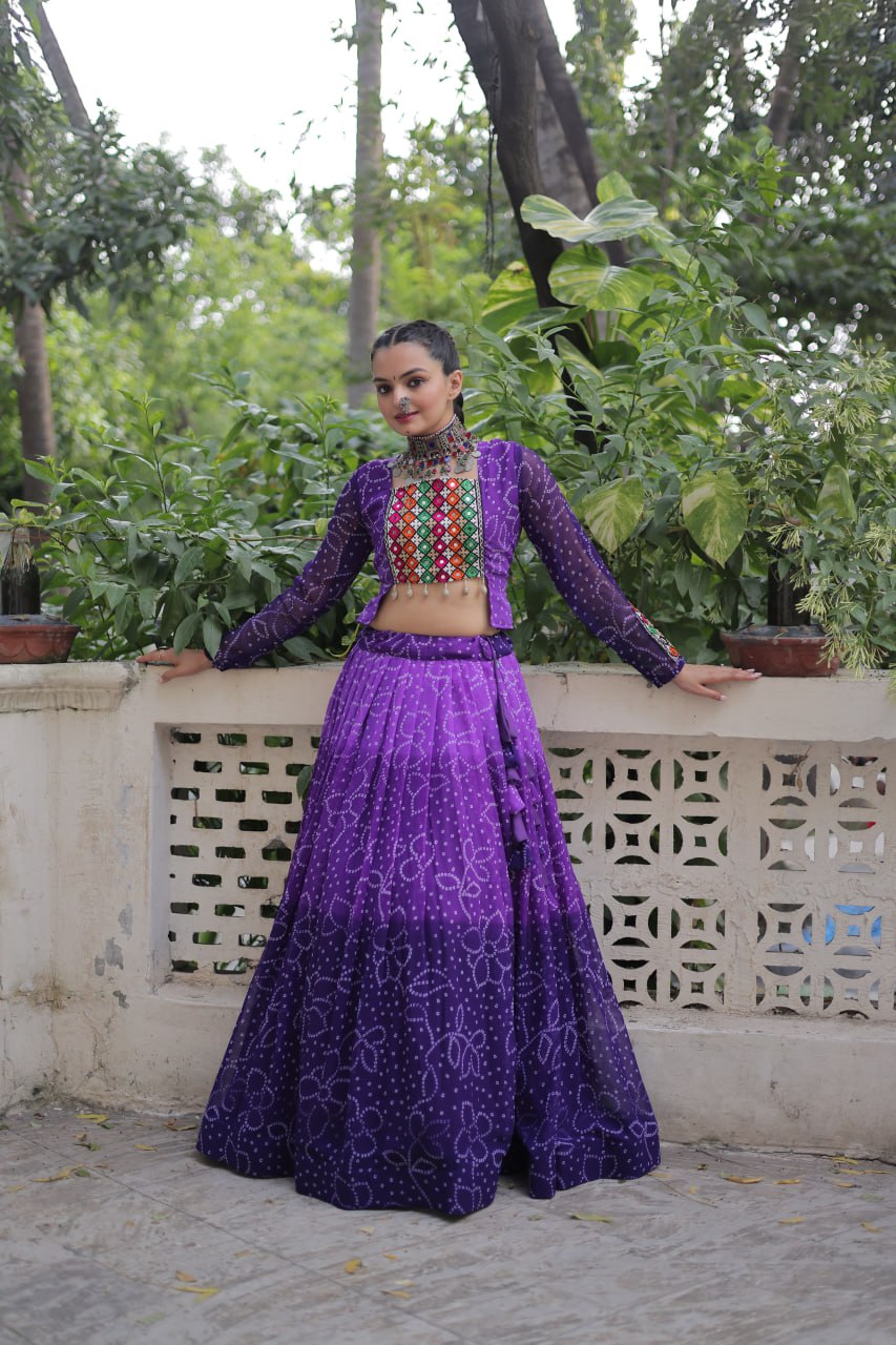 Bandhani Print Lehenga Set With Mirror Work Blouse And Full Sleeves