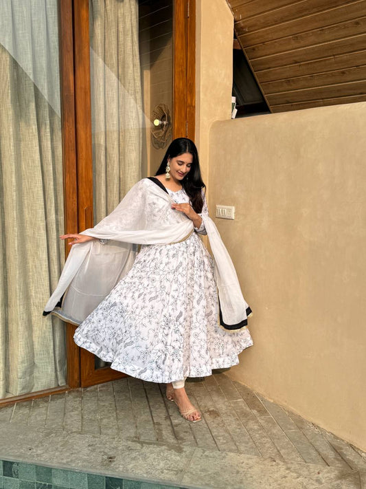 White Floral Anarkali Suit With Black And Gold Embroidery Dupatta