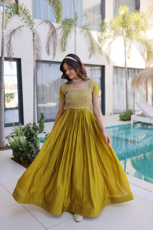 Mehendi Green Silk Anarkali Gown With Heavy Zari Embroidered